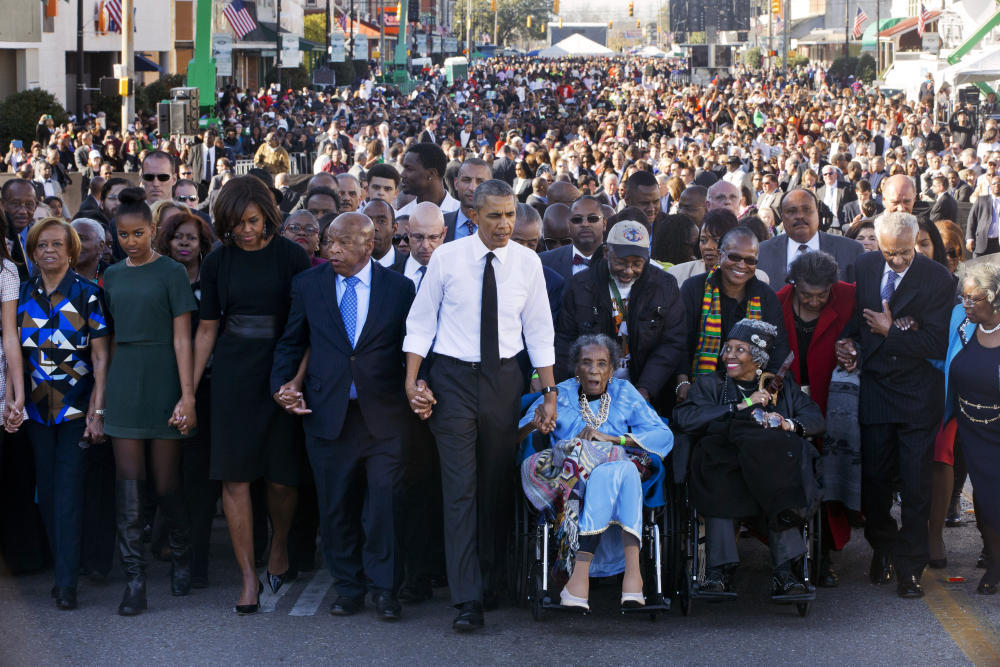 Barack Obama, Michelle Obama, Malia Obama, Sasha Obama, Marian Robinson, John Lewis, Amelia Boynton