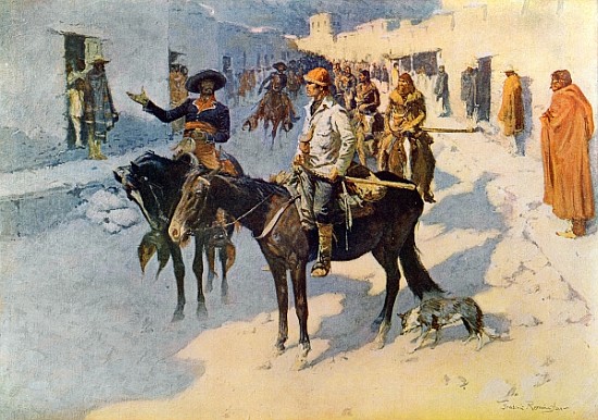 XCF373243 Zebulon Pike Entering Santa Fe, illustration published in 'Collier's Weekly', 1906 (print) by Remington, Frederic (1861-1909) (after); Private Collection; (add. info.: Zebulon Montgomery Pike (1779-1813) American Army officer and explorer; he explored the southwestern areas of the Louisiana Purchase, including the headwaters of the Mississippi River; image shows his capture by Spanish officials in New Mexico; The Great Explorers IX); American, out of copyright